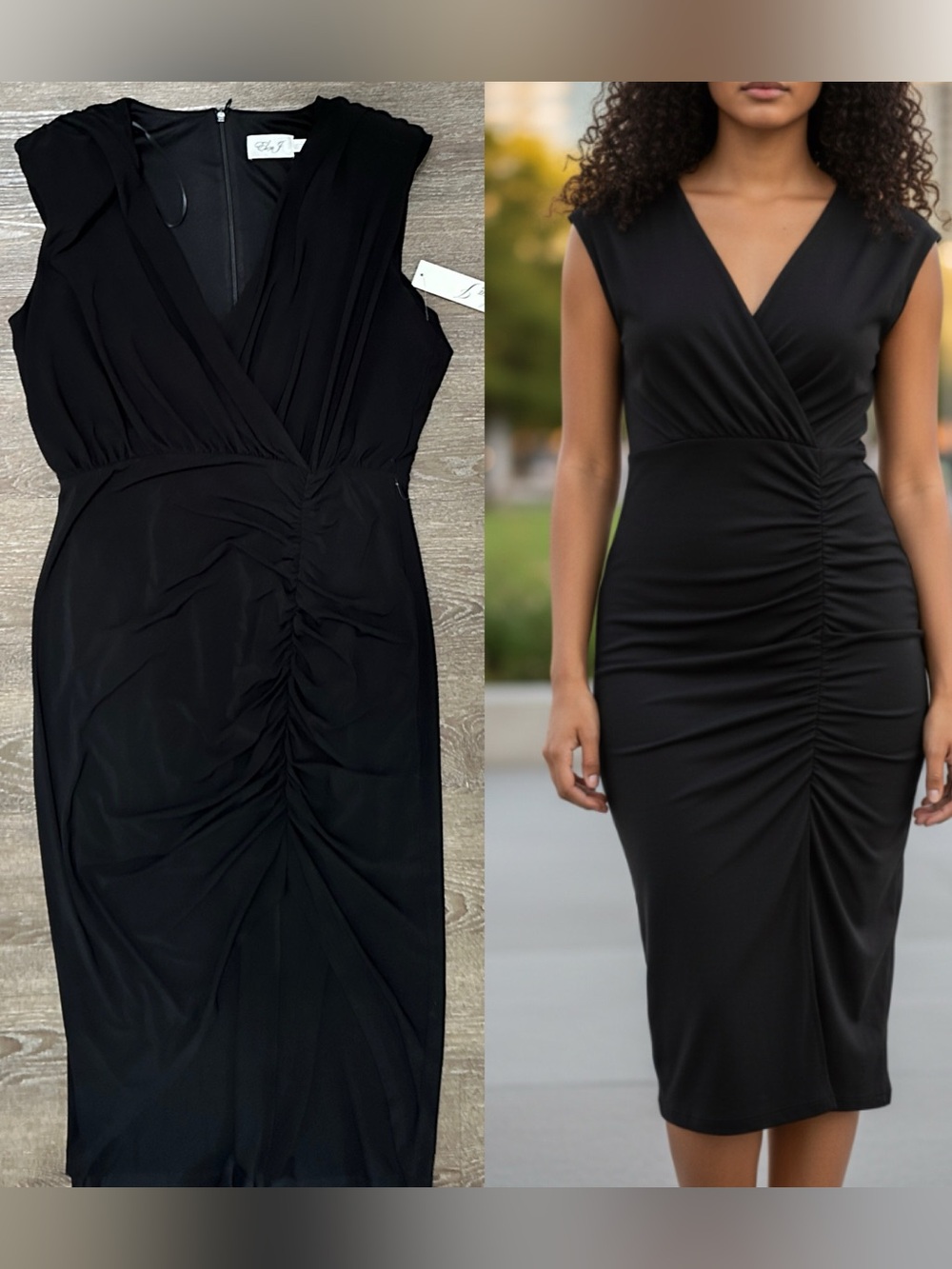 Eliza J Black Ruched Faux-Wrap Midi Dress